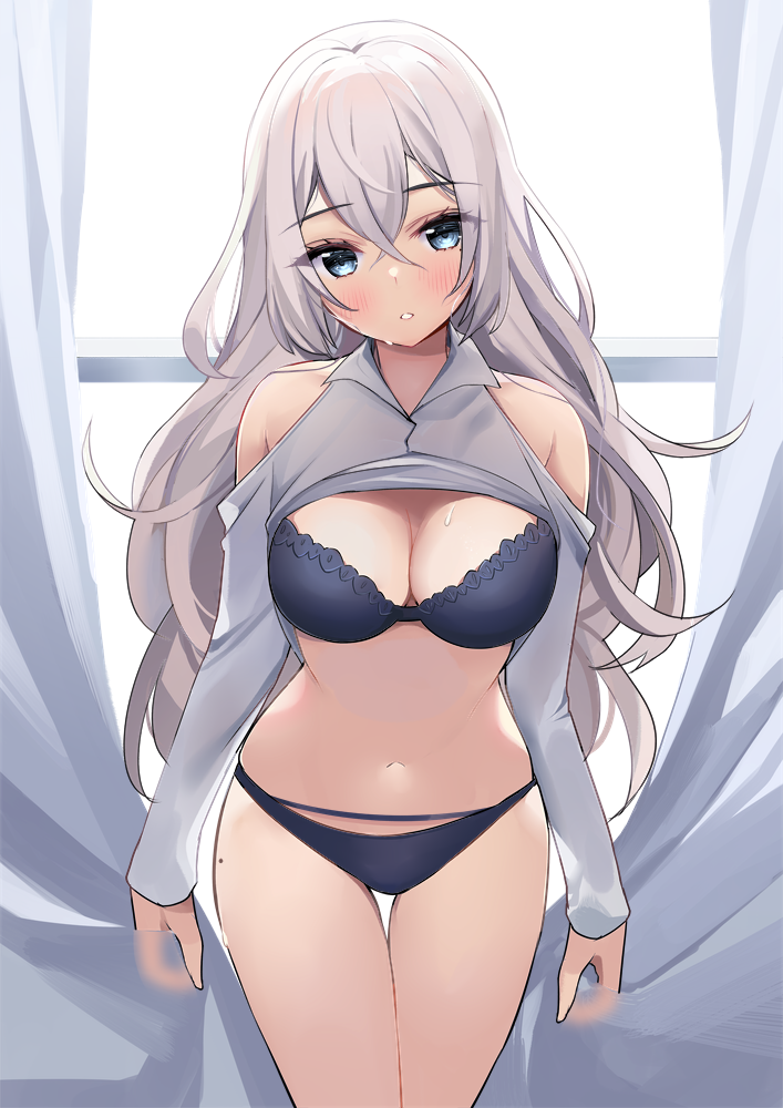 1girl, black_bra, black_panties, blue_eyes, bra, breasts, cleavage, clothes_lift