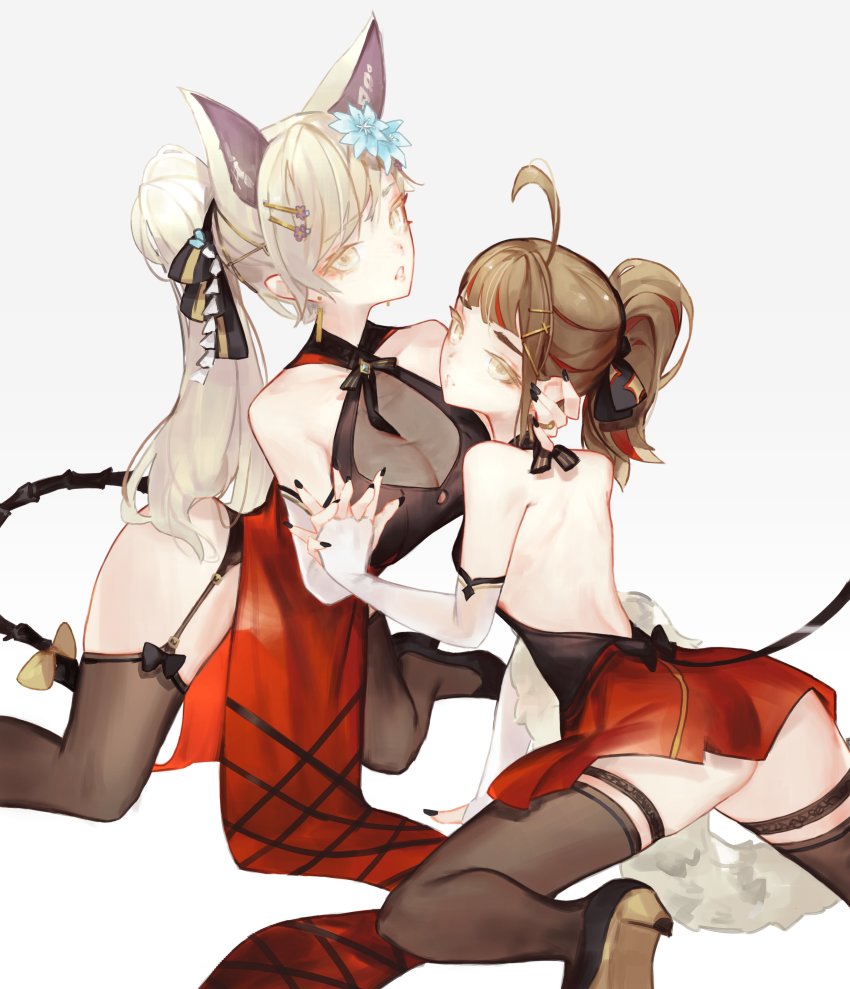 2girls, absurdres, animal_ears, atelier_live, breasts, brown_hair, cleavage, euphemia_chevalier, europa_yuu, fox_ears, fox_girl, genderswap, genderswap_(mtf), hair_behind_ear, hair_bun, head_tilt, highres, holding_hands, indie_virtual_youtuber, looking_at_viewer, medium_breasts, multicolored_hair, multiple_girls, parted_lips, pelvic_curtain, ponytail, red_hair, red_skirt, second-party_source, silver_hair, single_hair_bun, skindentation, skirt, softmode, streaked_hair, thigh_strap, virtual_youtuber, yellow_eyes