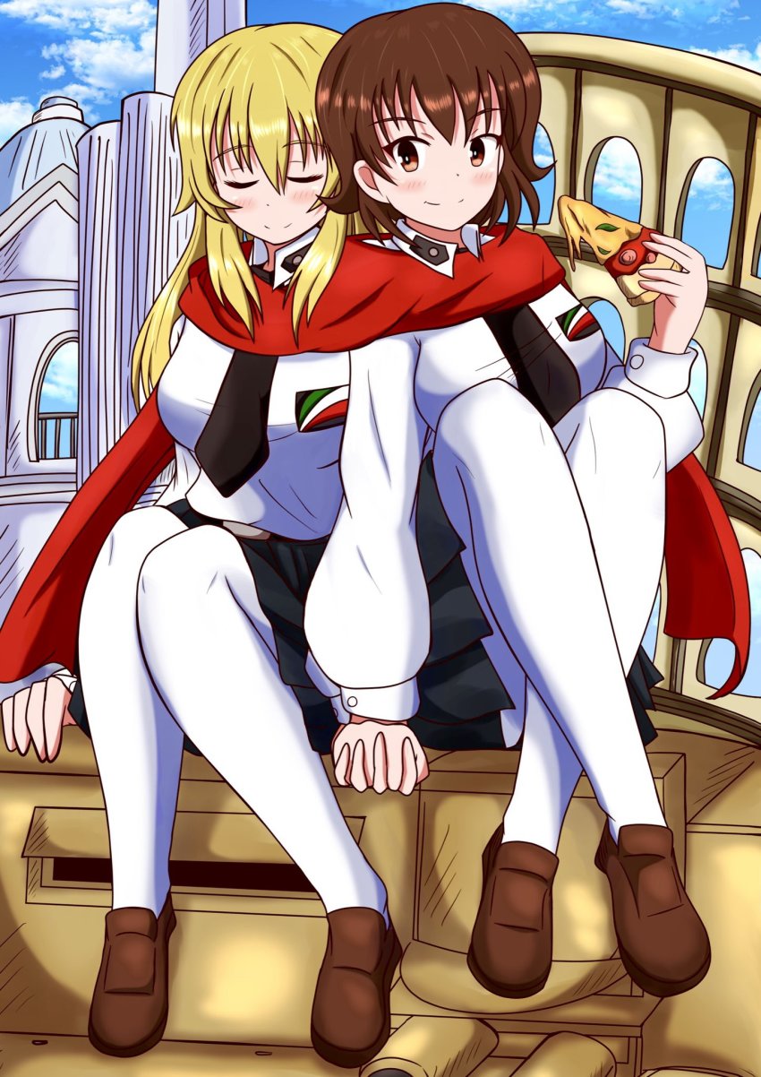 2girls, alternate_costume, anzio_school_uniform, black_neckwear, black_skirt, blonde_hair, blush, breasts