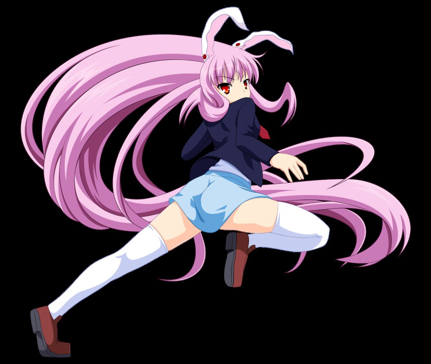 1girl, absurdly_long_hair, absurdres, animal_ears, ass, blazer, female_focus, full_body, highres, jacket, light_purple_hair, loafers, long_hair, miniskirt, no-33, rabbit_ears, red_eyes, reisen_udongein_inaba, shoes, skirt, solo, thighhighs, thighs, touhou, transparent_background, very_long_hair, white_thighhighs, zettai_ryouiki