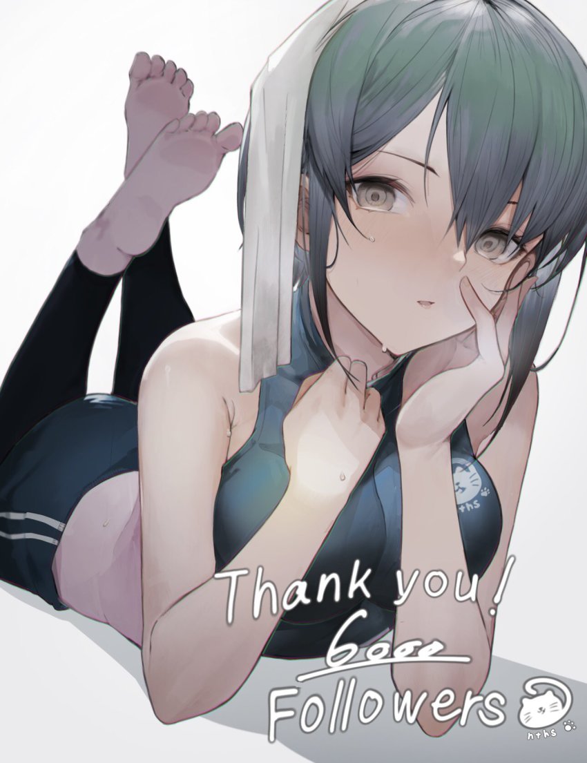 1girl, anths, armpit_crease, bare_arms, bare_shoulders, barefoot, black_pants, black_shirt