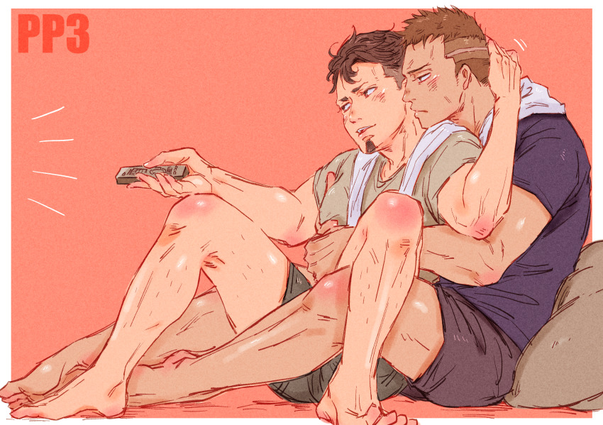 2boys, black_hair, black_male_underwear, blush, boxers, brown_hair, closed_mouth, controller