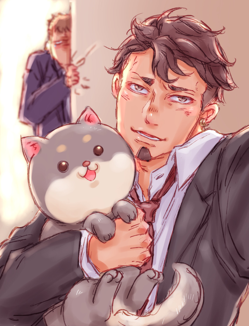 2boys, absurdres, animal, black_hair, black_jacket, blush, collared_shirt, dog