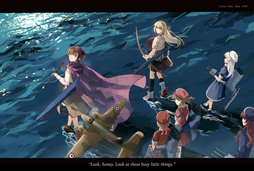 6+girls, adapted_turret, aircraft, airplane, arrow_(projectile), b-17_flying_fortress, beret, black_skirt