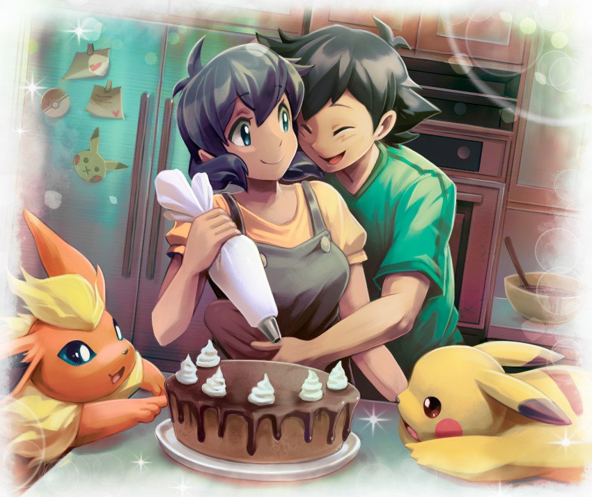 1boy, 1girl, :3, ^_^, absurdres, antenna_hair, apron, ash_ketchum, black_apron, black_hair, blue_eyes, blue_hair, blush_stickers, border, breasts, brown_eyes, cake, closed_eyes, closed_mouth, commission, cooking, cream, flareon, food, gen_1_pokemon, green_shirt, hand_up, happy, highres, holding, holding_pastry_bag, hug, hug_from_behind, icing, indoors, koriarredondo, looking_at_another, looking_back, lying, mixing_bowl, nintendo, notes, on_stomach, open_mouth, original, oven, paper, pastry_bag, pikachu, plate, poke_ball_symbol, poke_ball_theme, pokemon, pokemon_(anime), pokemon_(creature), refrigerator, shirt, short_hair, short_sleeves, sidelocks, small_breasts, smile, sparkle, standing, table, upper_body, white_border, yellow_shirt