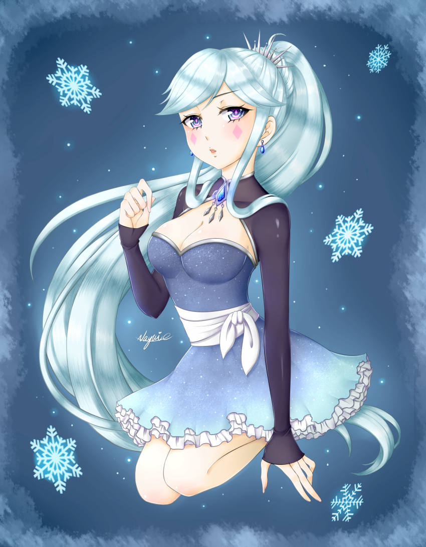 1girl, absurdres, blue_dress, blue_hair, breasts, cleavage, cosplay, crossover, disney, dress, frilled_dress, frills, highres, long_hair, long_sleeves, moon_butterfly, rwby, star_vs_the_forces_of_evil, weiss_schnee_(cosplay), aged_down
