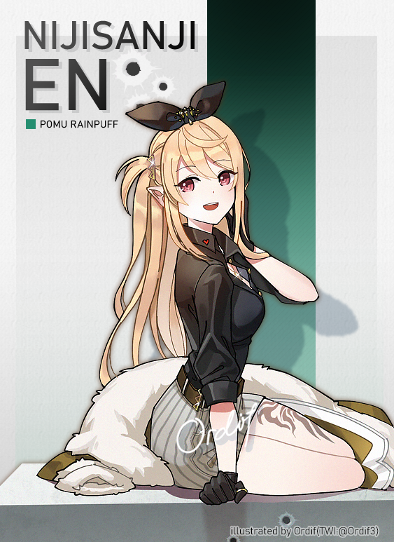 artist_name, black_gloves, black_shirt, blonde_hair, breasts, brown_eyes, brown_jacket, character_name, collared_shirt, commentary, copyright_name, cosplay, english_commentary, fur_trim, gloves, jacket, looking_to_the_side, luca_kaneshiro, luca_kaneshiro_(1st_costume), luca_kaneshiro_(cosplay), medium_breasts, nijisanji, nijisanji_en, open_mouth, ordif, pointy_ears, pomu_rainpuff, ponytail, shirt, skirt, smile, striped_clothes, striped_skirt, unworn_jacket, virtual_youtuber, white_skirt