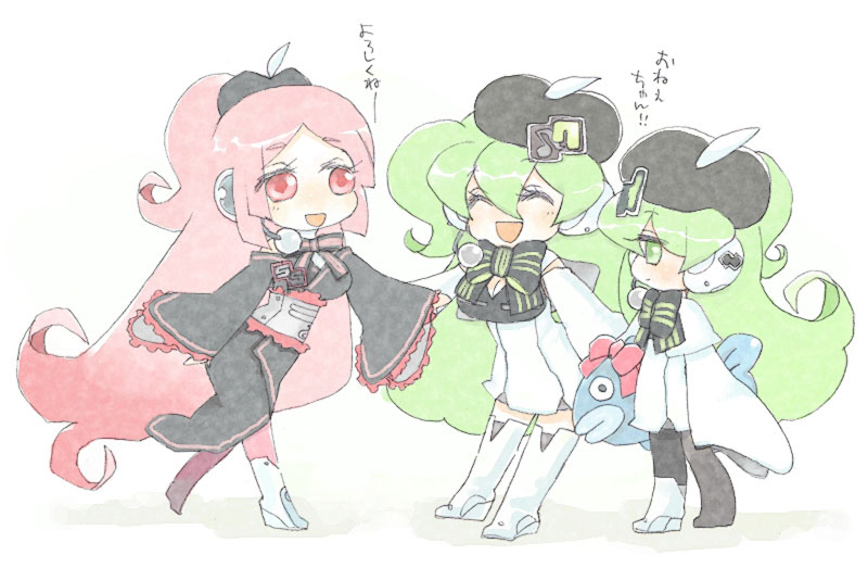 3girls, apple_inc., boots, fish, green_eyes, green_hair, hat, headphones