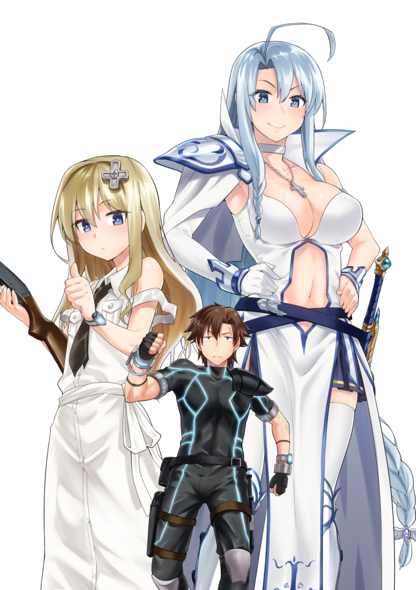 1boy, 2girls, agent_number_six, ahoge, blonde_hair, blue_eyes, bodysuit, braid