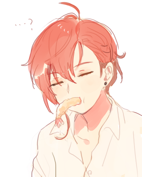 1boy, earrings, closed_eyes, food, food_in_mouth, jewelry, kuzuvine, lord_(lord_of_heroes)