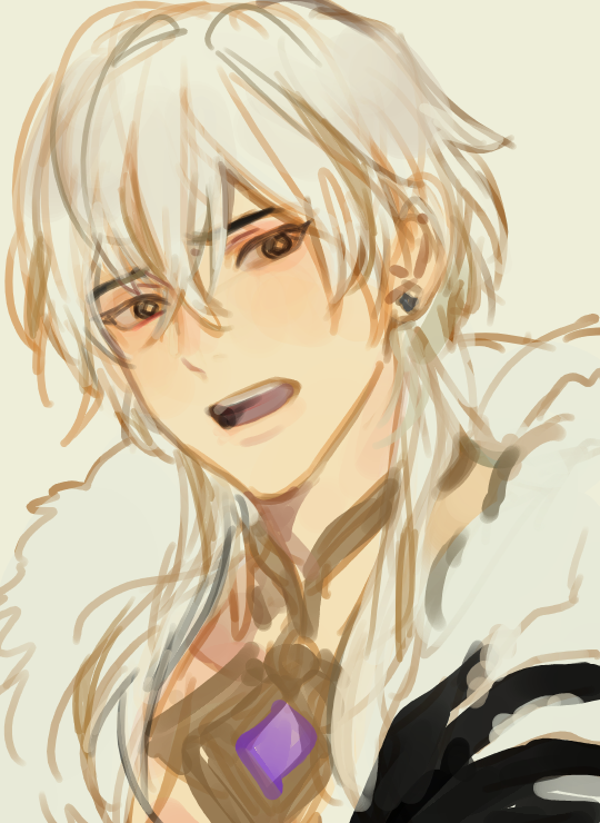 1boy, black_eyes, earrings, formal_clothes, frown, gloves, jewelry, kartis_claudith, kuzuvine, looking_at_viewer, lord_of_heroes, multicolored_hair, orange_hair, pale_skin, white_hair