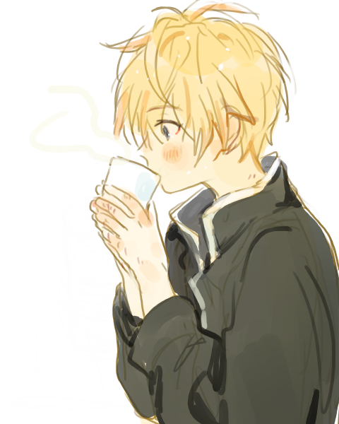 1boy, blonde_hair, blue_eyes, blush, coffee, cup, drinking, johan_talede