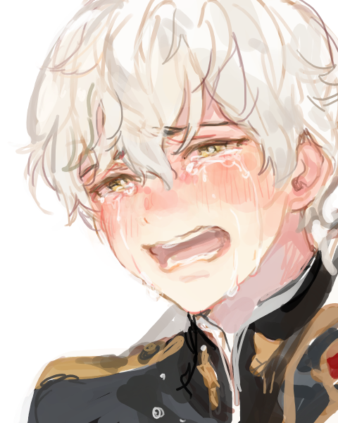 1boy, blush, crying, crying_with_eyes_open, formal_clothes, kuzuvine, looking_to_the_side, lord_(lord_of_heroes), lord_of_heroes, male_focus, male_lord_(lord_of_heroes), pale_skin, portrait, solo, tears, white_hair, yellow_eyes