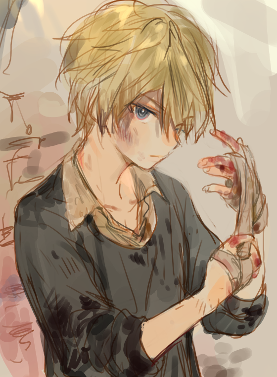 1boy, bandages, blonde_hair, blood, blue_eyes, bruise, injury, johan_talede, kuzuvine, looking_at_viewer, lord_of_heroes, male_focus, pale_skin, solo, stained_clothes