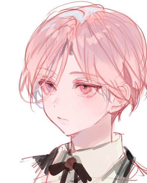 1boy, :/, child, expressionless, joshua_levinth, kuzuvine, looking_to_the_side, lord_of_heroes, male_focus, pale_skin, pink_hair, portrait, purple_eyes, solo, white_background