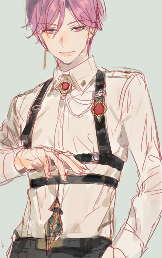 1boy, bishounen, blouse, chest_harness, collared_shirt, gem, grey_background, harness