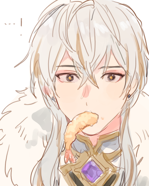 1boy, black_eyes, blonde_hair, earrings, food, food_in_mouth, jewelry, kartis_claudith, kuzuvine, looking_at_viewer, lord_of_heroes, male_focus, multicolored_hair, pale_skin, shrimp, solo, stud_earrings, sweat, white_hair