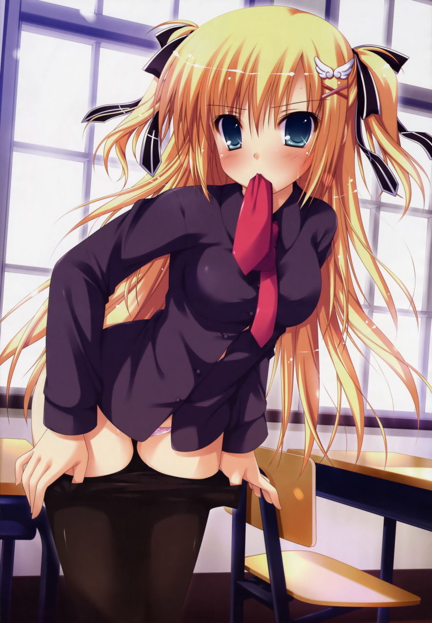 1girl, angry, black_pantyhose, black_shirt, blonde_hair, blue_eyes, blush, breasts