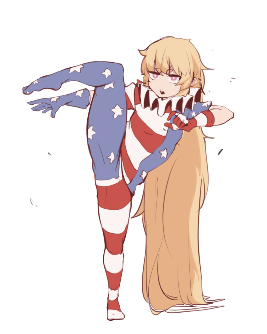 1girl, american_flag_dress, american_flag_gloves, american_flag_legwear, american_flag_print, bad_id, bad_pixiv_id, clownpiece, full_body, gloves, highres, kicking, leg_up, long_hair, looking_at_viewer, open_mouth, pantyhose, print_gloves, red_eyes, solo, soya6479, touhou, very_long_hair
