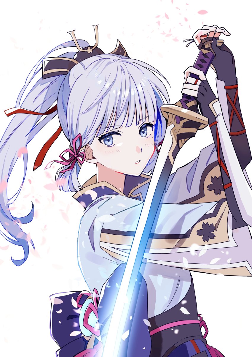 1girl, absurdres, armor, ayaka_(genshin_impact), blunt_bangs, breastplate, genshin_impact, highres, holding, holding_sword, holding_weapon, looking_at_viewer, mole, mole_under_eye, ponytail, shian_(nyahunya), sidelocks, solo, sword, weapon