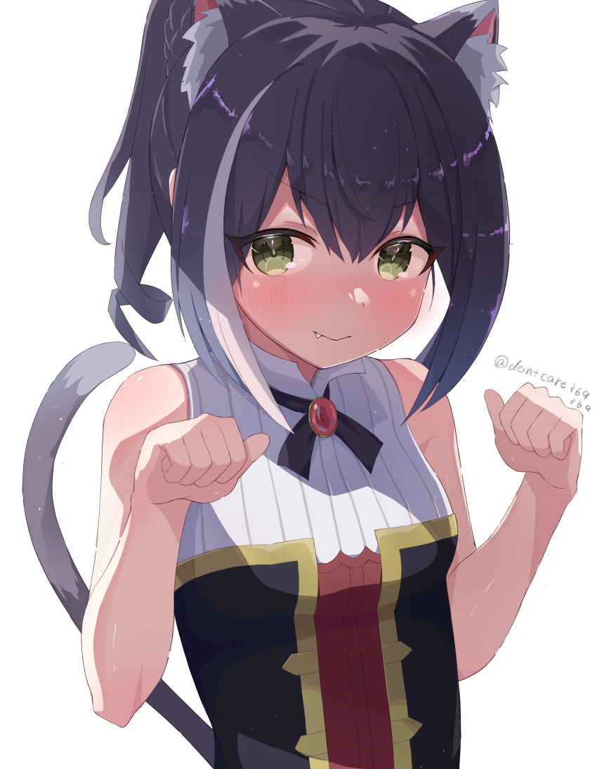 absurdres, animal_ear_fluff, animal_ears, artist_name, bare_arms, black_hair, blush, cat_ears