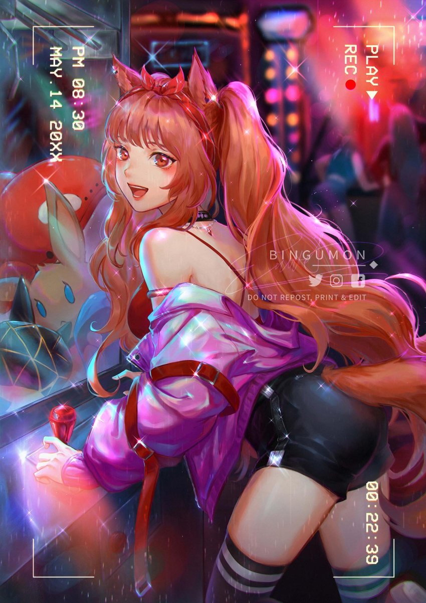 1girl, :d, alternate_costume, angelina_(arknights), animal_ears, arknights, artist_name, ass, bare_shoulders, black_choker, black_shorts, black_thighhighs, blurry, blurry_background, blush, breasts, brown_hair, casual, choker, clothing_cutout, commentary, commission, crane_game, depth_of_field, english_commentary, evee_(bingumon), fox_ears, from_side, hairband, highres, indoors, jacket, jewelry, leaning_forward, lipstick, long_hair, long_sleeves, looking_at_viewer, looking_to_the_side, makeup, medium_breasts, necklace, off_shoulder, open_clothes, open_jacket, open_mouth, originium_slug_(arknights), pink_jacket, red_eyes, red_hairband, short_shorts, shorts, signature, smile, solo_focus, sparkle, standing, stuffed_animal, stuffed_rabbit, stuffed_toy, tail, tail_through_clothes, thighhighs, twintails, very_long_hair, viewfinder