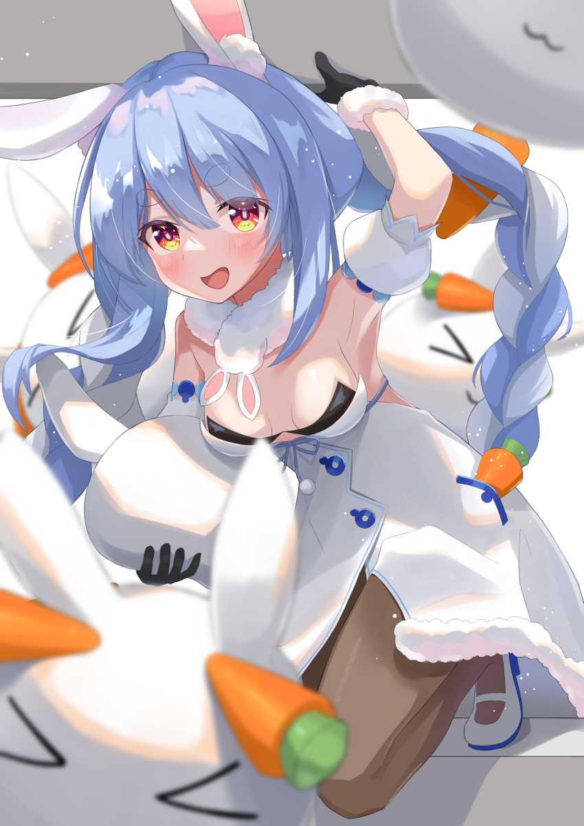 absurdres, arm_up, armpits, black_gloves, blue_hair, blurry, blurry_foreground, blush, braid, breasts, carrot, detached_sleeves, dontcare369369, dress, fur-trimmed_dress, fur-trimmed_gloves, fur_collar, fur_trim, gloves, hair_between_eyes, highres, holding, hololive, long_hair, multicolored_hair, open_mouth, pantyhose, rabbit_ears, shoes, short_eyebrows, short_sleeves, small_breasts, smile, twin_braids, usada_pekora, very_long_hair, virtual_youtuber, white_dress