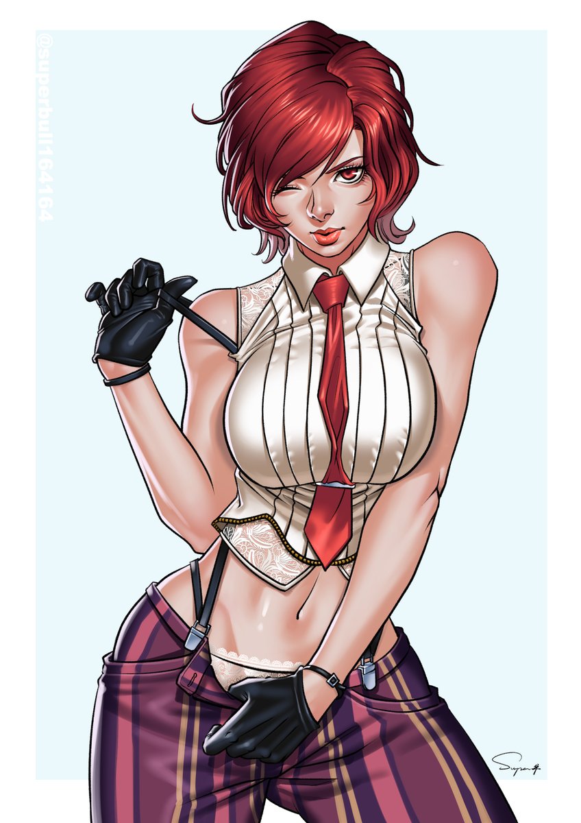 1girl, bare_arms, bare_shoulders, breasts, commission, gloves, highres, large_breasts, lingerie, looking_at_viewer, midriff, navel, necktie, one_eye_closed, panties, pants, pinstripe_pants, pinstripe_pattern, red_eyes, red_hair, shirt, sleeveless, snk, solo, striped, superbull, suspenders, the_king_of_fighters, the_king_of_fighters_xv, underwear, undressing, vanessa_(kof), whale_tail_(clothing), white_shirt