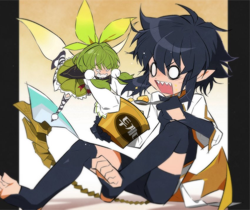 1boy, 1girl, absurdres, androgynous, arguing, black_hair, cannae_le_fey, cherryalpaka, eating, fairy, fairy_wings, food, green_hair, highres, ice_cream, lord_of_heroes, nine_(lord_of_heroes), pale_skin, pointy_ears, trap, vampire, wings