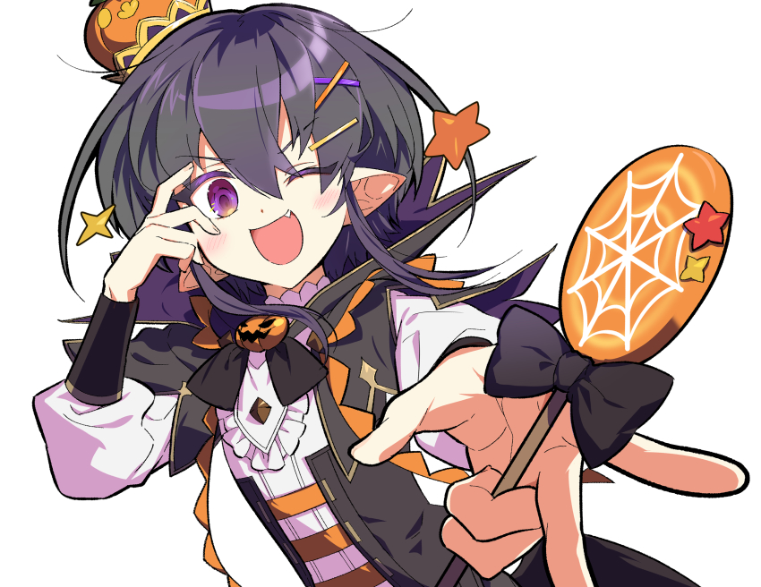 1boy, androgynous, black_hair, candy, cherryalpaka, food, halloween, highres, lollipop, looking_at_viewer, lord_of_heroes, male_focus, nine_(lord_of_heroes), one_eye_closed, pale_skin, pointy_ears, pumpkin, purple_eyes, solo, trap, vampire, vampire_costume