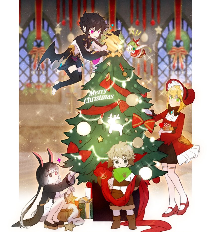 2boys, 3girls, androgynous, animal_ears, black_eyes, black_hair, blonde_hair, blush