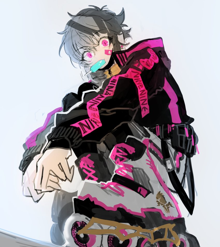 1boy, androgynous, black_hair, food, food_in_mouth, highres, leeee_ro, looking_at_viewer