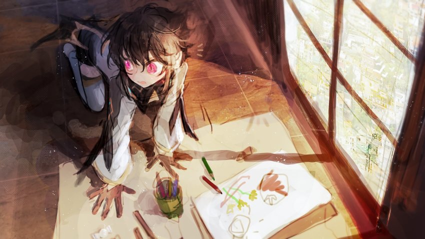 1boy, androgynous, black_hair, colored_pencil, drawing, highres, leeee_ro, looking_to_the_side, lord_of_heroes, nine_(lord_of_heroes), pale_skin, paper, pencil, pink_eyes, pointy_ears, trap, window
