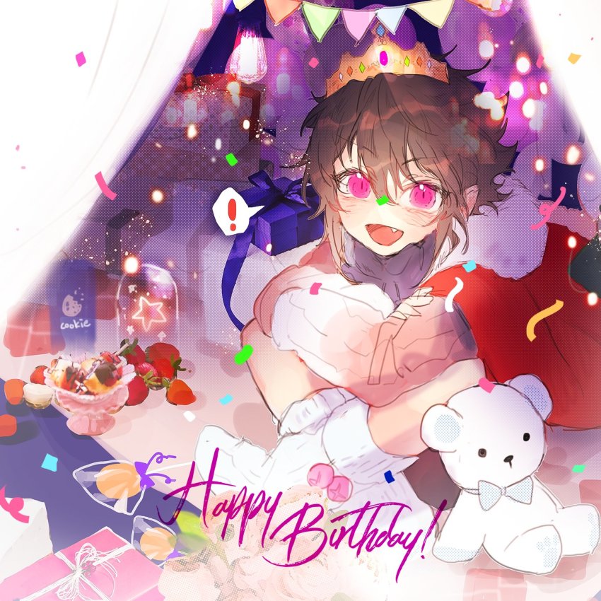 1boy, androgynous, black_hair, blush, crown, food, fruit, happy_birthday