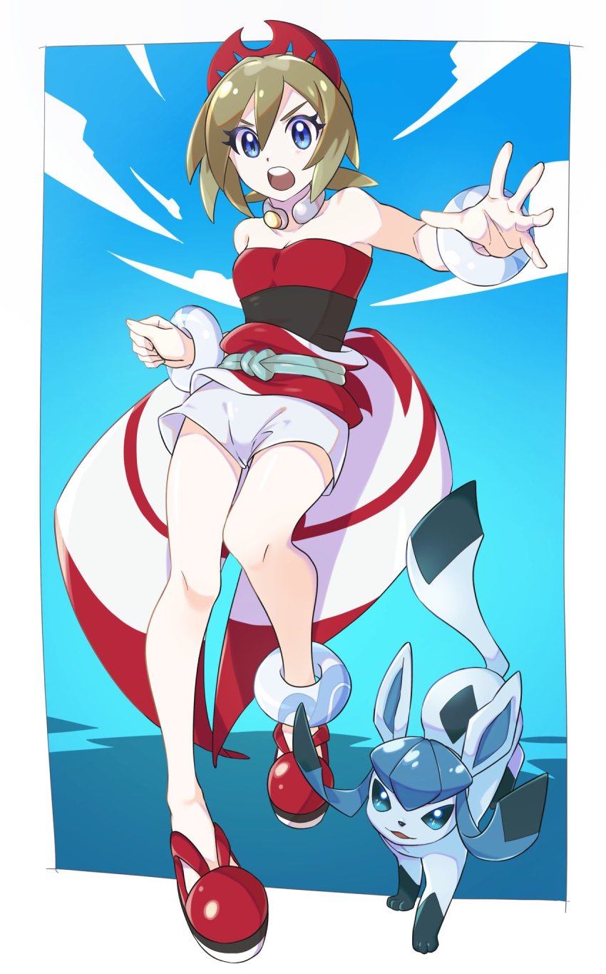 1girl, anklet, blonde_hair, blue_eyes, border, breasts, cleavage, collar, commentary_request, eyelashes, gen_4_pokemon, glaceon, hairband, highres, irida_(pokemon), jewelry, knees, looking_at_viewer, medium_hair, nintendo, open_mouth, pkpokopoko3, pokemon, pokemon_(creature), pokemon_legends:_arceus, red_footwear, red_hairband, red_shirt, sash, shirt, shoes, shorts, spread_fingers, strapless, strapless_shirt, teeth, tongue, upper_teeth_only, waist_cape, white_border, white_shorts