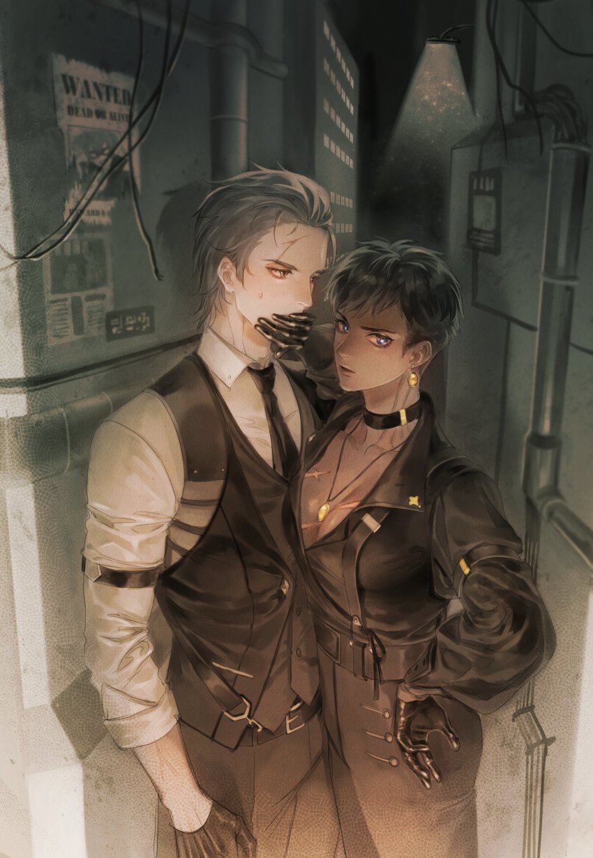 1boy, 1girl, absurdres, androgynous, black_eyes, brown_hair, covering_another's_mouth, dark-skinned_female, dark_skin, hand_over_another's_mouth, highres, krom_ledios, loh_kz, looking_at_another, looking_at_viewer, lord_of_heroes, muscular, muscular_female, pale_skin, short_hair, sleeves_rolled_up, zaira_(lord_of_heroes)