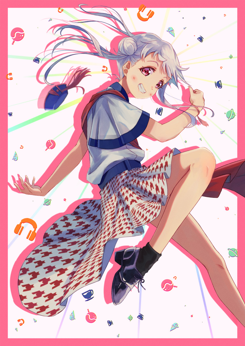 1girl, arashi_chisato, artist_name, artist_request, bare_legs, belt, black_shoes, blue_belt