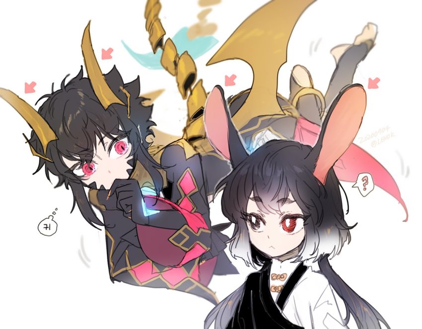 1boy, 1girl, ?, androgynous, animal_ears, black_eyes, black_hair, dragon_boy