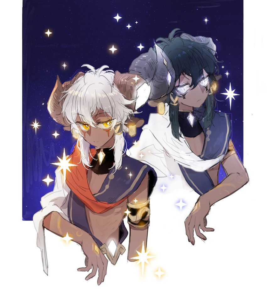2boys, androgynous, animal_ears, aries_(lord_of_heroes), black_hair, blue_eyes, dark-skinned_male, dark_skin