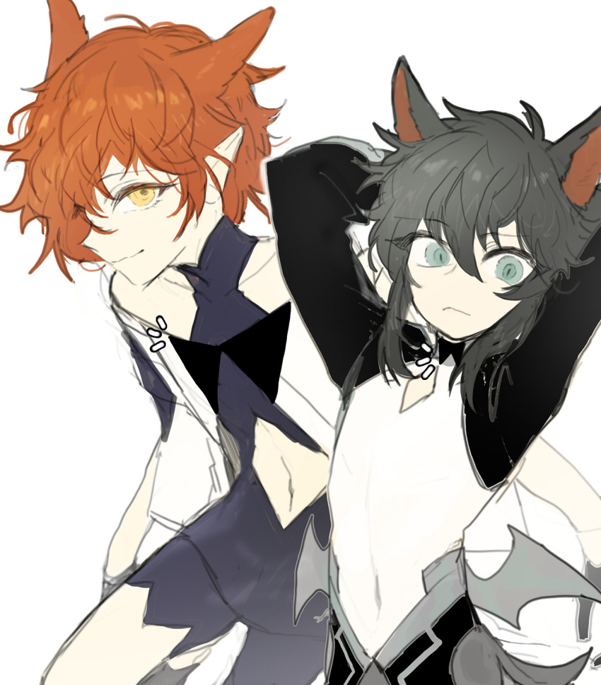 2boys, androgynous, animal_ears, black_hair, blue_eyes, cat_boy, cat_ears, demon_wings