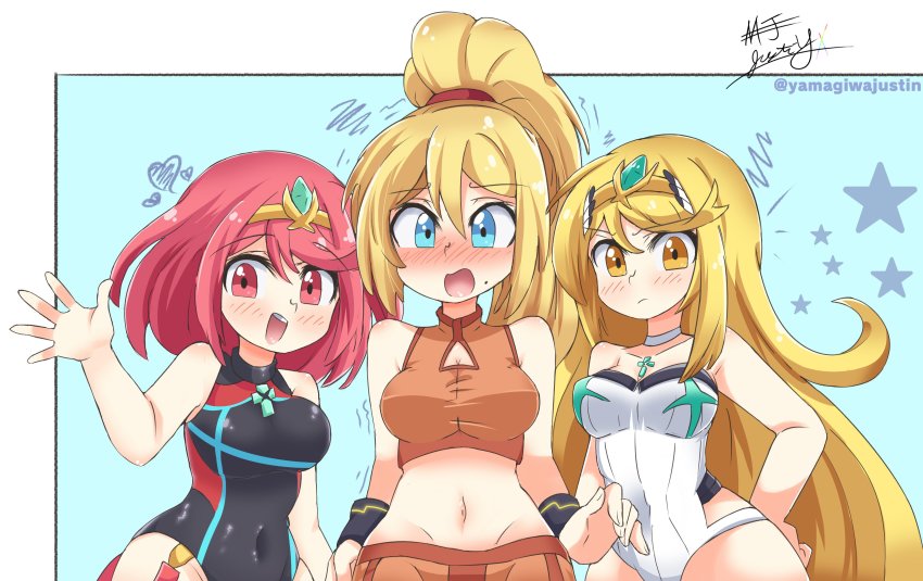absurdres, black_one-piece_swimsuit, blonde_hair, breasts, chest_jewel, competition_swimsuit, crossover, gem, headpiece, highres, large_breasts, metroid, mythra_(radiant_beach)_(xenoblade), mythra_(xenoblade), nintendo, one-piece_swimsuit, pyra_(pro_swimmer)_(xenoblade), pyra_(xenoblade), red_hair, red_one-piece_swimsuit, ribbed_swimsuit, samus_aran, strapless, strapless_one-piece_swimsuit, striped_clothes, striped_one-piece_swimsuit, swept_bangs, swimsuit, tiara, two-tone_swimsuit, vertical-striped_clothes, vertical-striped_one-piece_swimsuit, white_one-piece_swimsuit, xenoblade_chronicles_(series), xenoblade_chronicles_2, yamagiwajustin