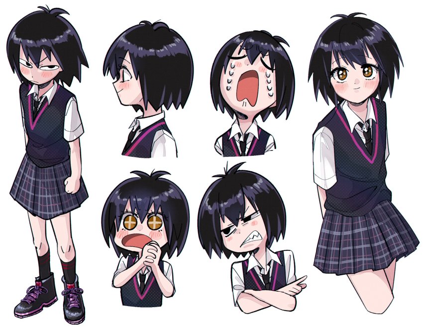 1girl, angry, arms_behind_back, black_footwear, black_hair, black_necktie, black_socks, black_sweater_vest, blush, brown_eyes, clenched_hand, clenched_teeth, closed_mouth, collared_shirt, crossed_arms, crying, from_side, full_body, half-closed_eyes, highres, looking_at_viewer, marvel, multiple_views, necktie, open_mouth, own_hands_together, peni_parker, school_uniform, shakata_(syakatan), shirt, shoes, short_hair, short_sleeves, skirt, smile, socks, spider-man:_into_the_spider-verse, spider-man_(series), spider-verse, sweater_vest, tears, teeth, tsundere, white_shirt