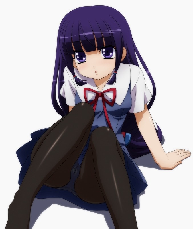 1girl, arm_support, black_pantyhose, blue_dress, blue_eyes, blue_hair, blush, breasts