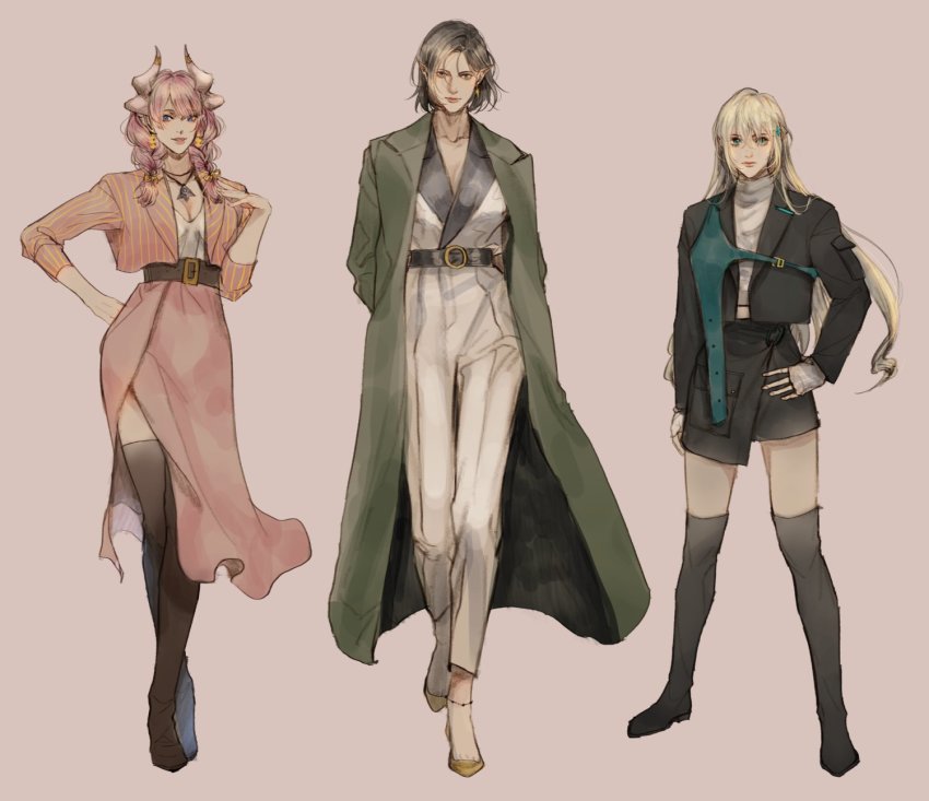 3girls, black_hair, blonde_hair, blue_eyes, contemporary, dragon_girl, dragon_horns, elf, fashion, full_body, green_eyes, highres, horns, lairei_yen, looking_at_viewer, looking_to_the_side, lord_of_heroes, lucilicca_la'elaya, machamyo, multiple_girls, olivia_pavlichenko, pale_skin, pink_hair, pointy_ears, yellow_eyes