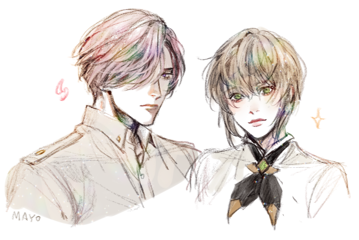 1boy, 1girl, brown_hair, green_eyes, grey_eyes, hair_over_one_eye, joshua_levinth, looking_at_viewer