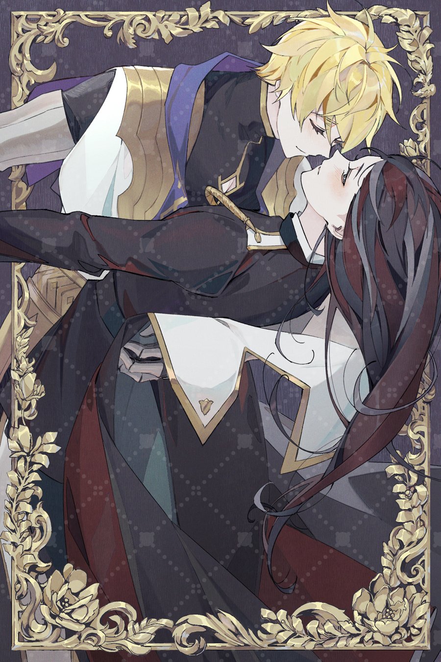 1boy, 1girl, androgynous, black_hair, blonde_hair, closed_eyes, female_lord_(lord_of_heroes), grey_eyes