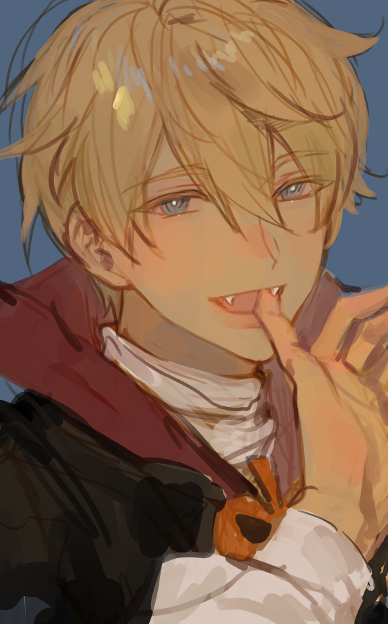 1boy, blonde_hair, blue_eyes, fangs, finger_in_own_mouth, halloween, halloween_costume, johan_talede