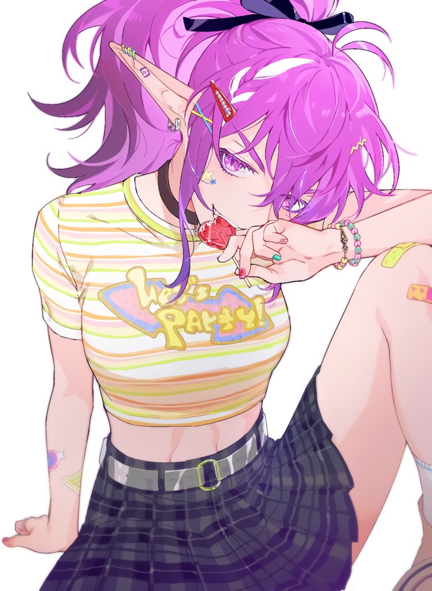 1girl, astrid_remond, bad_id, bad_twitter_id, bandaid, belt, candy, crop_top