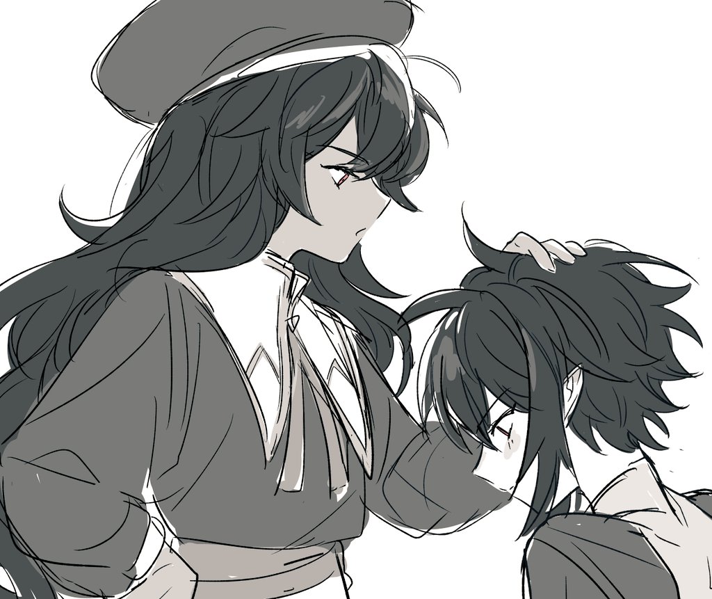 1boy, 2girls, dark-skinned_female, dark_skin, greyscale, hand_on_another's_head, hat, lord_of_heroes