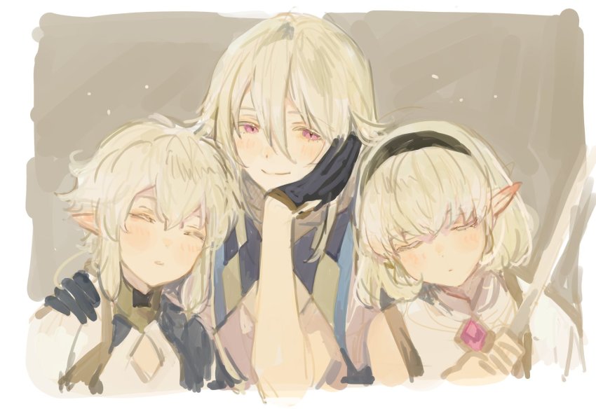 1boy, 2girls, blonde_hair, closed_eyes, elf, head_rest, highres, kuzuvine, laphlaes_selkena, leaning_on_person, looking_at_viewer, lord_of_heroes, multiple_girls, nine_(lord_of_heroes), pale_skin, pointy_ears, purple_eyes, sleeping, solphi_lebenheit, solphi_lebenheit_(water), water_(nine)